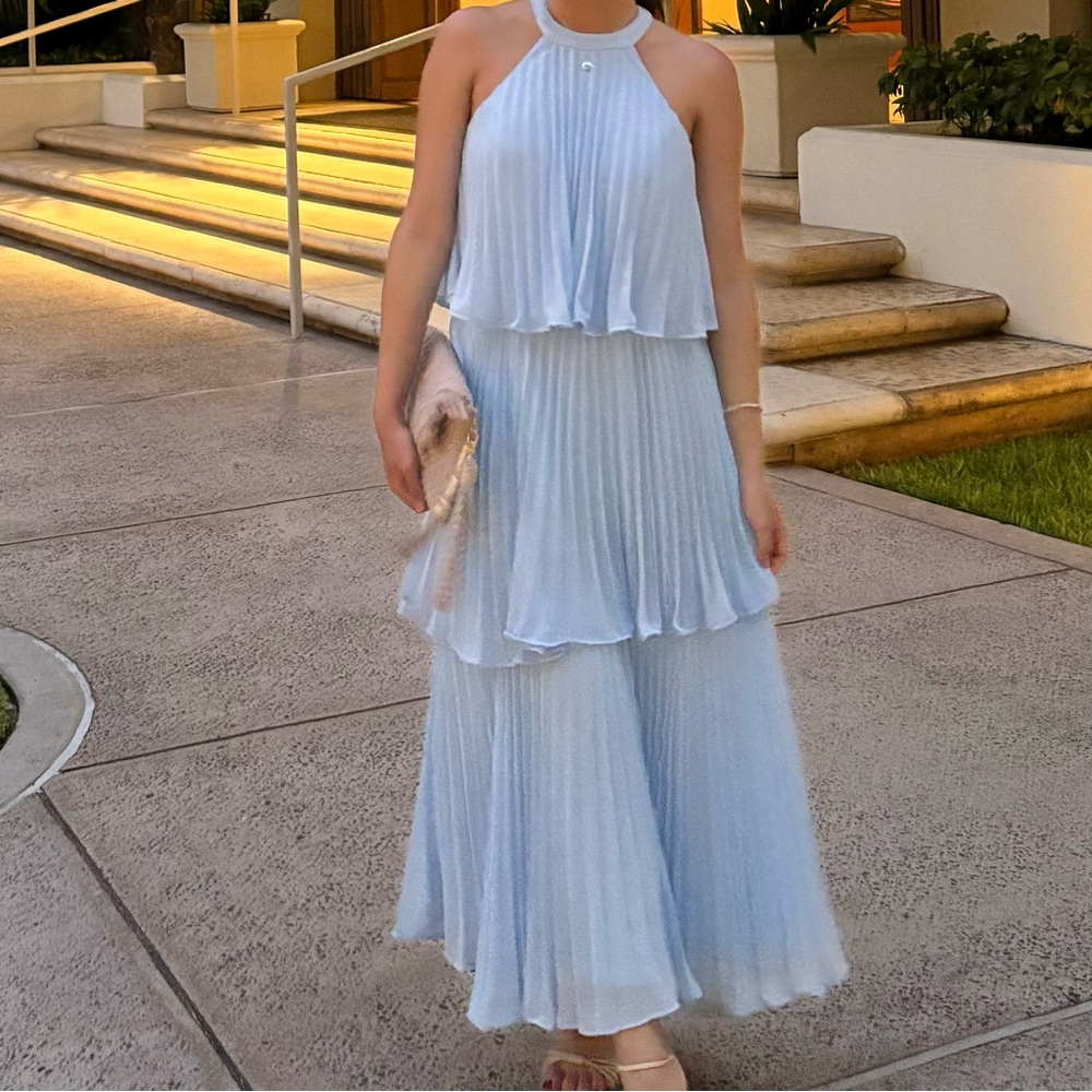 Light Blue Pleated Tiered Halter Dress (XS-S)